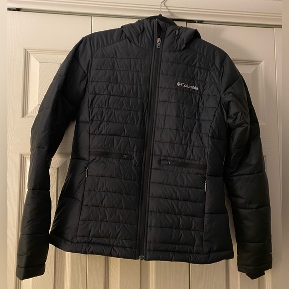 Columbia Powder Pillow Black Puffer Hooded Jacket Woman’s Size Medium Ski Snow - Picture 2 of 6
